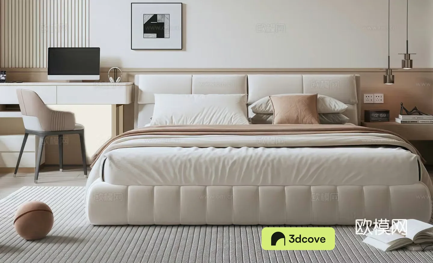 Modern Italian double bed leather bed cloth bed decorative painting wall lamp single chair
