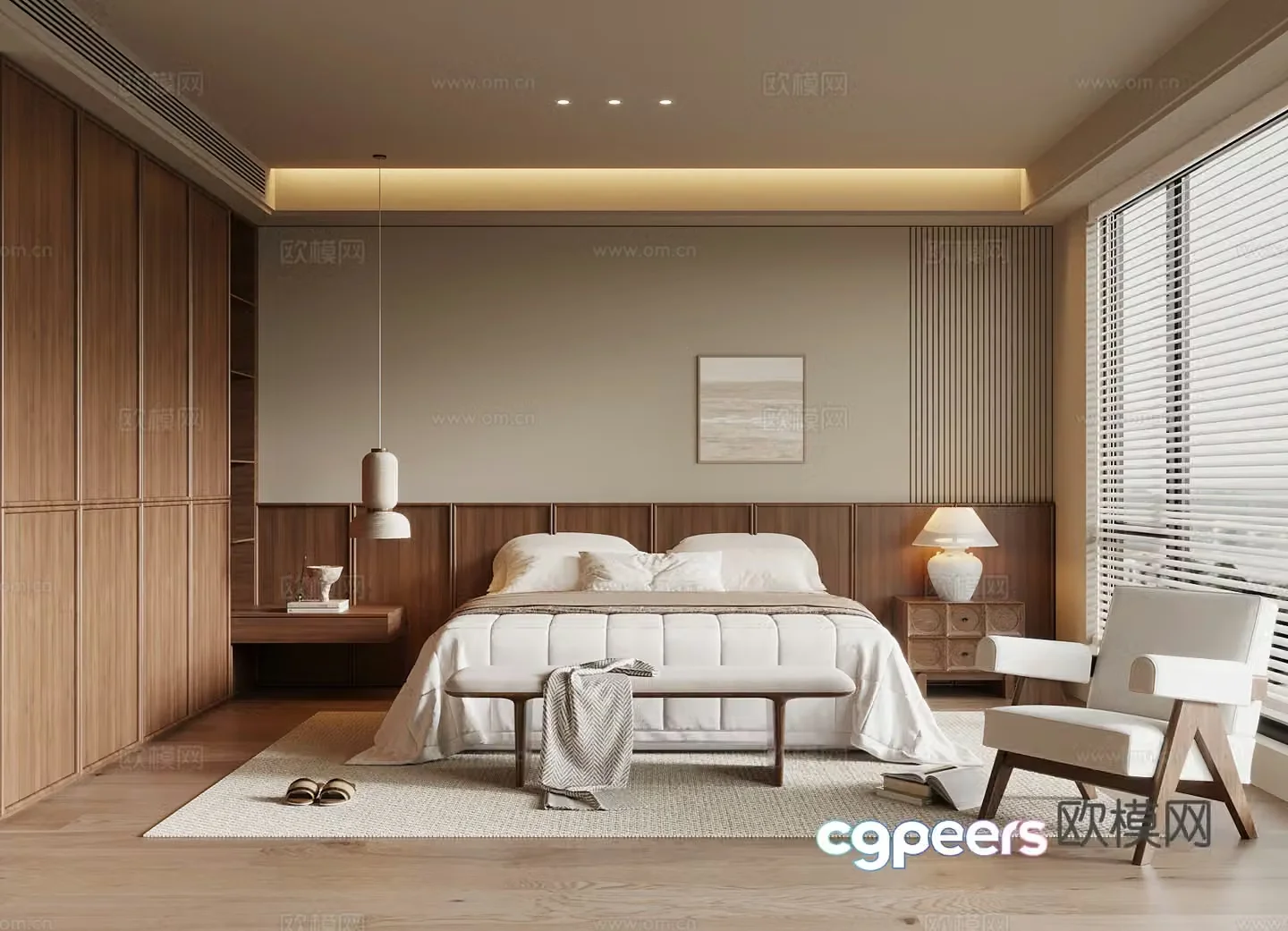 Middle style bedroom double bed wardrobe leisure chair 3d model