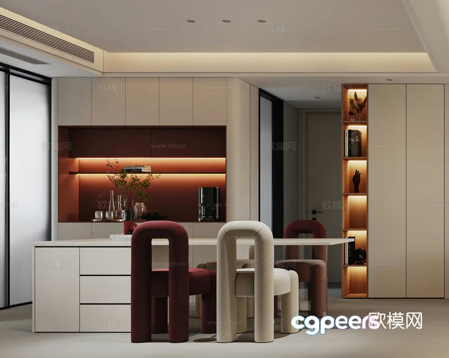 Modern restaurant Light luxury restaurant Cream restaurant Wine cabinet Island dining table Simple 3D model
