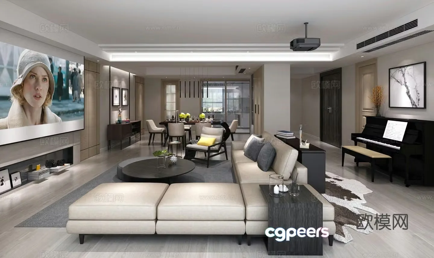 Modern Hong Kong style living and dining room sofa coffee table chandeliers TV cabinet side cabinet dining table chair 3d model