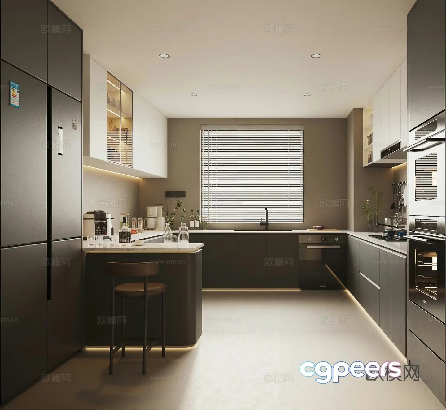 Italian kitchen Italian open kitchen Bar kitchen Modern kitchen Black and white gray kitchen 3d model