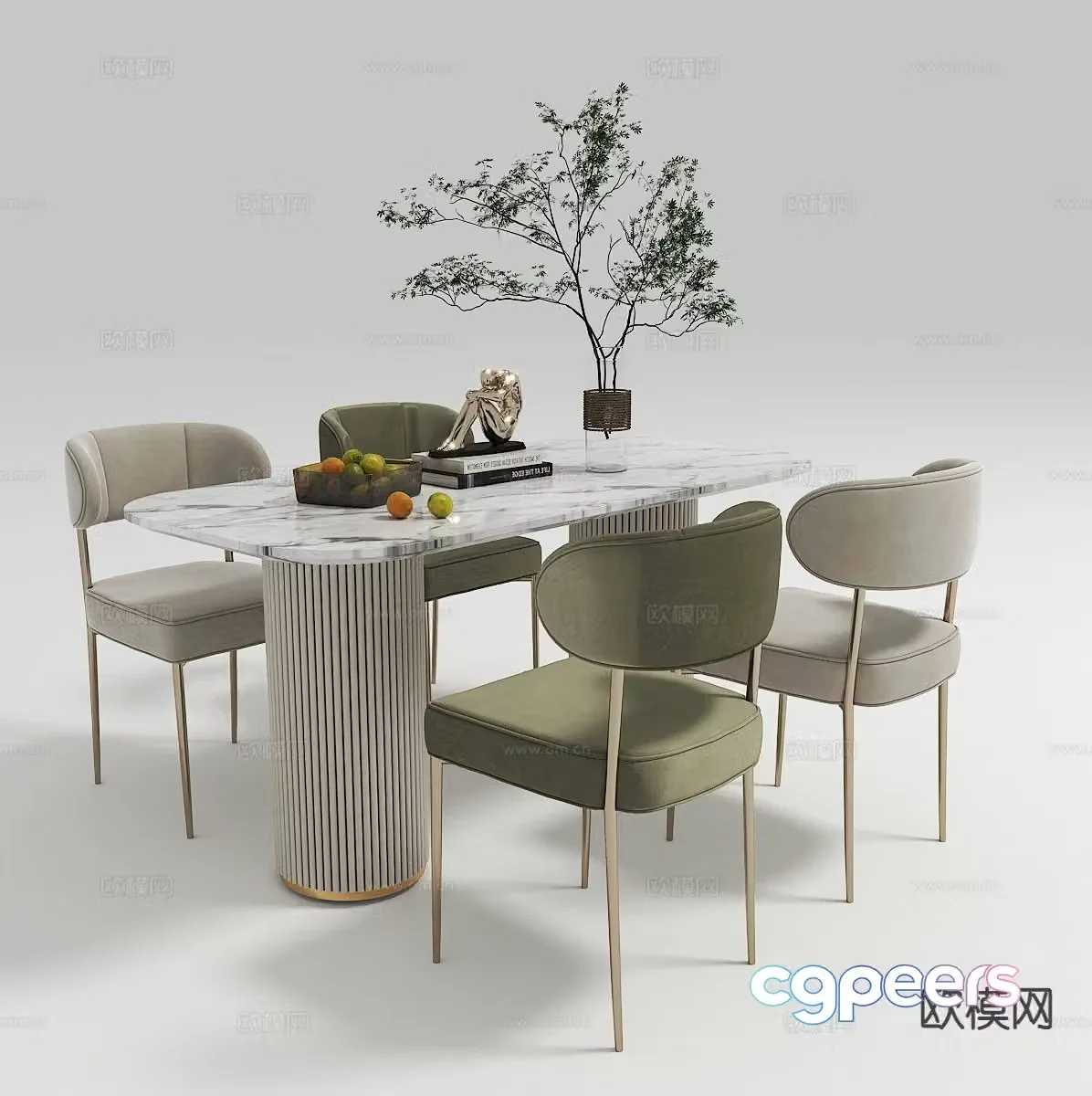 Modern long dining table and chairs 3d model