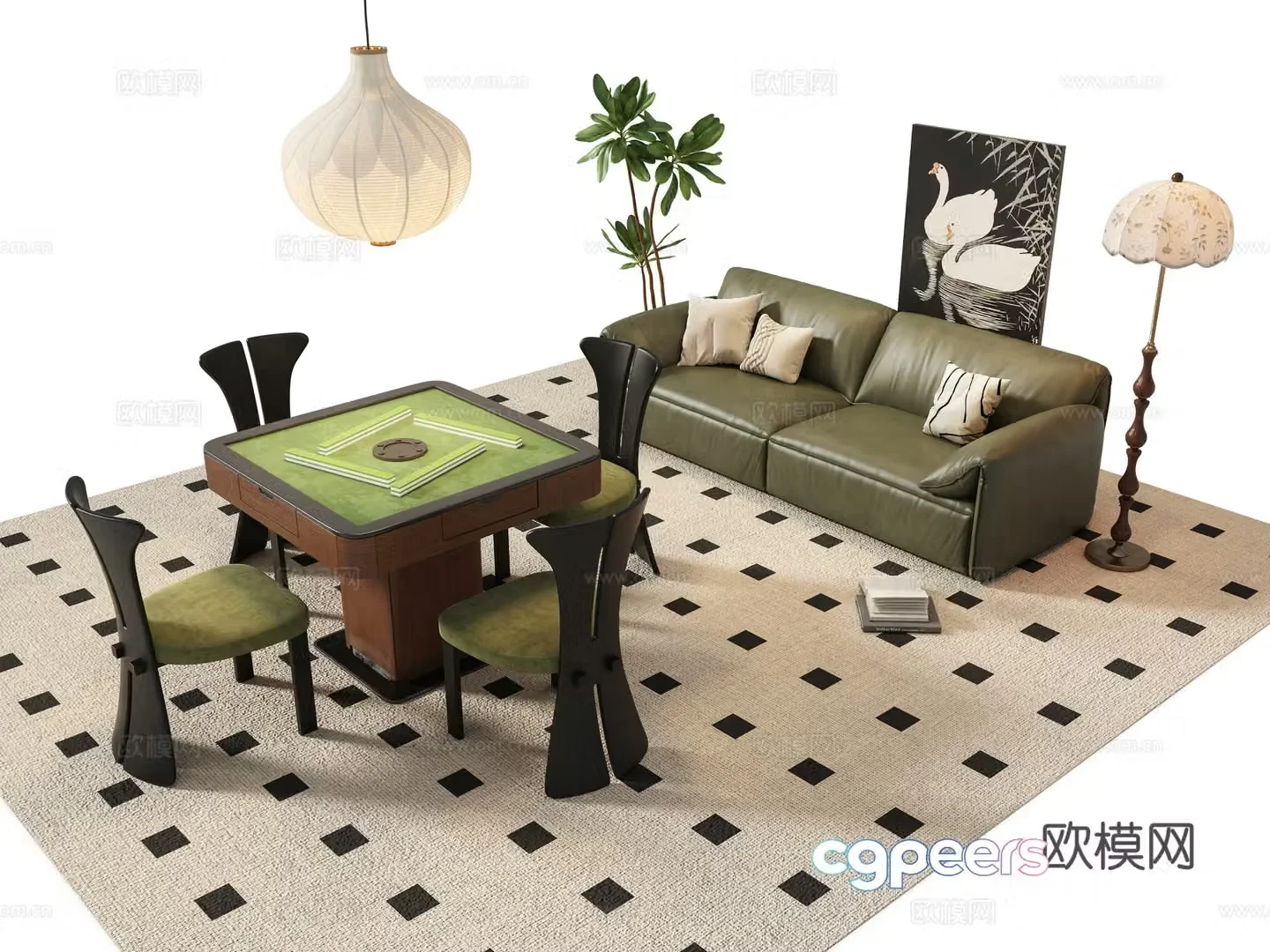 French retro mahjong table and chair 3d model