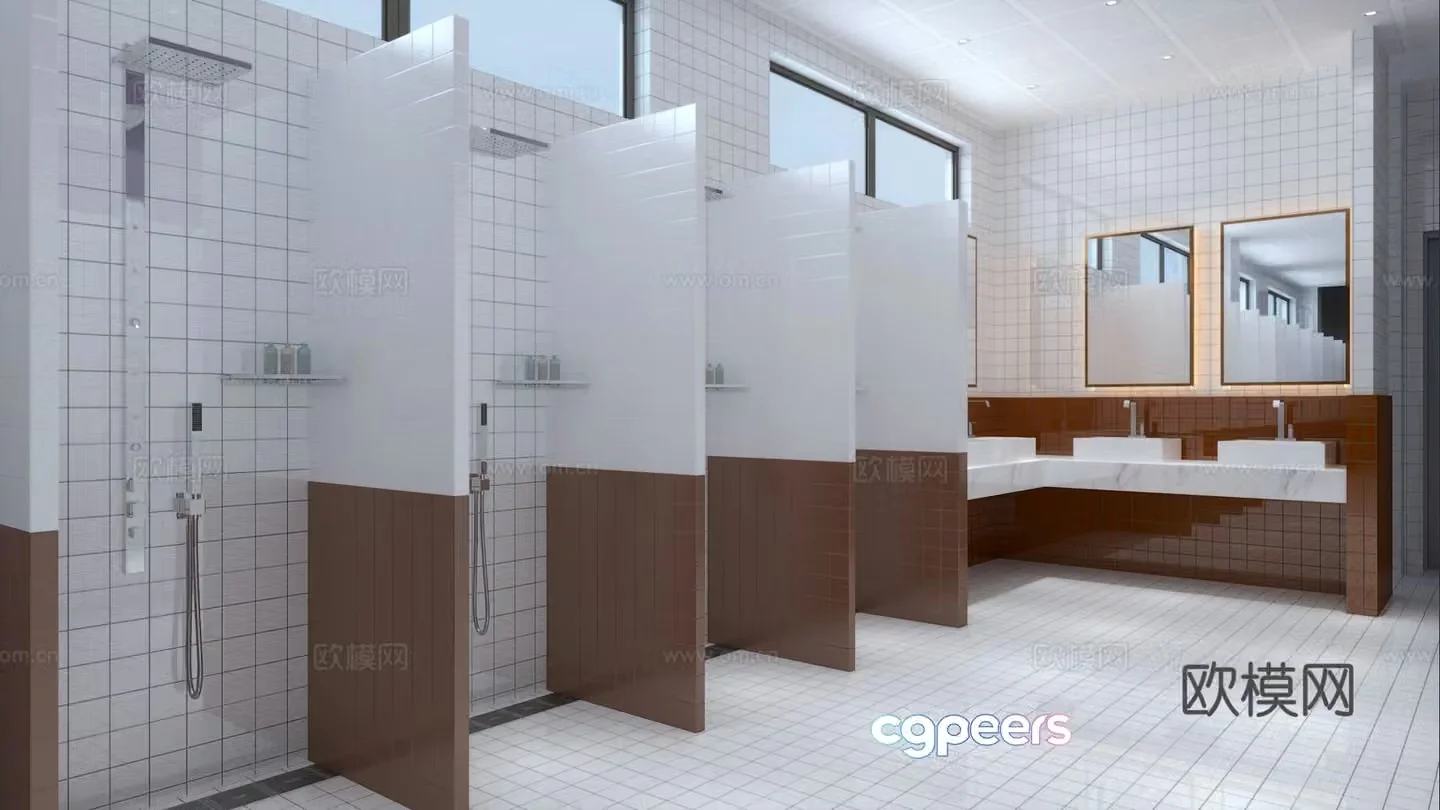 Modern public bathhouse shower area 3d model