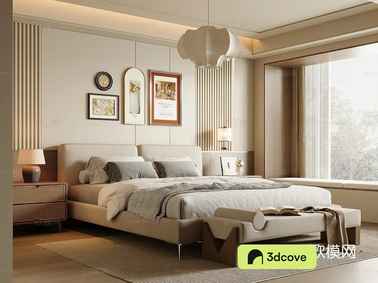 New Chinese style bedroom Song style fabric double bed nightstand bed end stool Chinese style chandelier