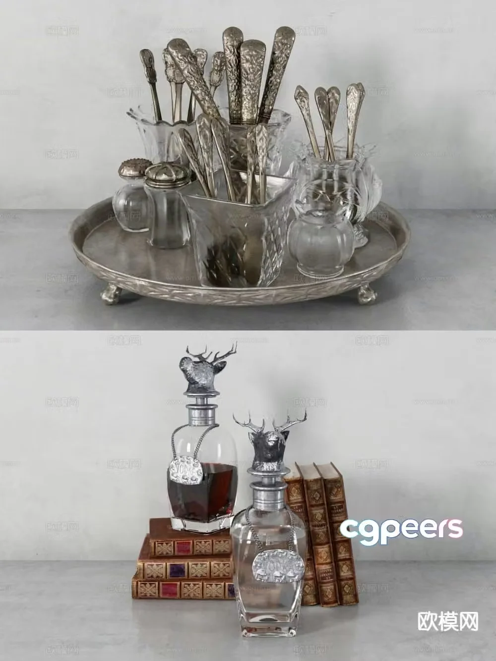 Simple European decorations tableware wine bottles drinks cups 3D model