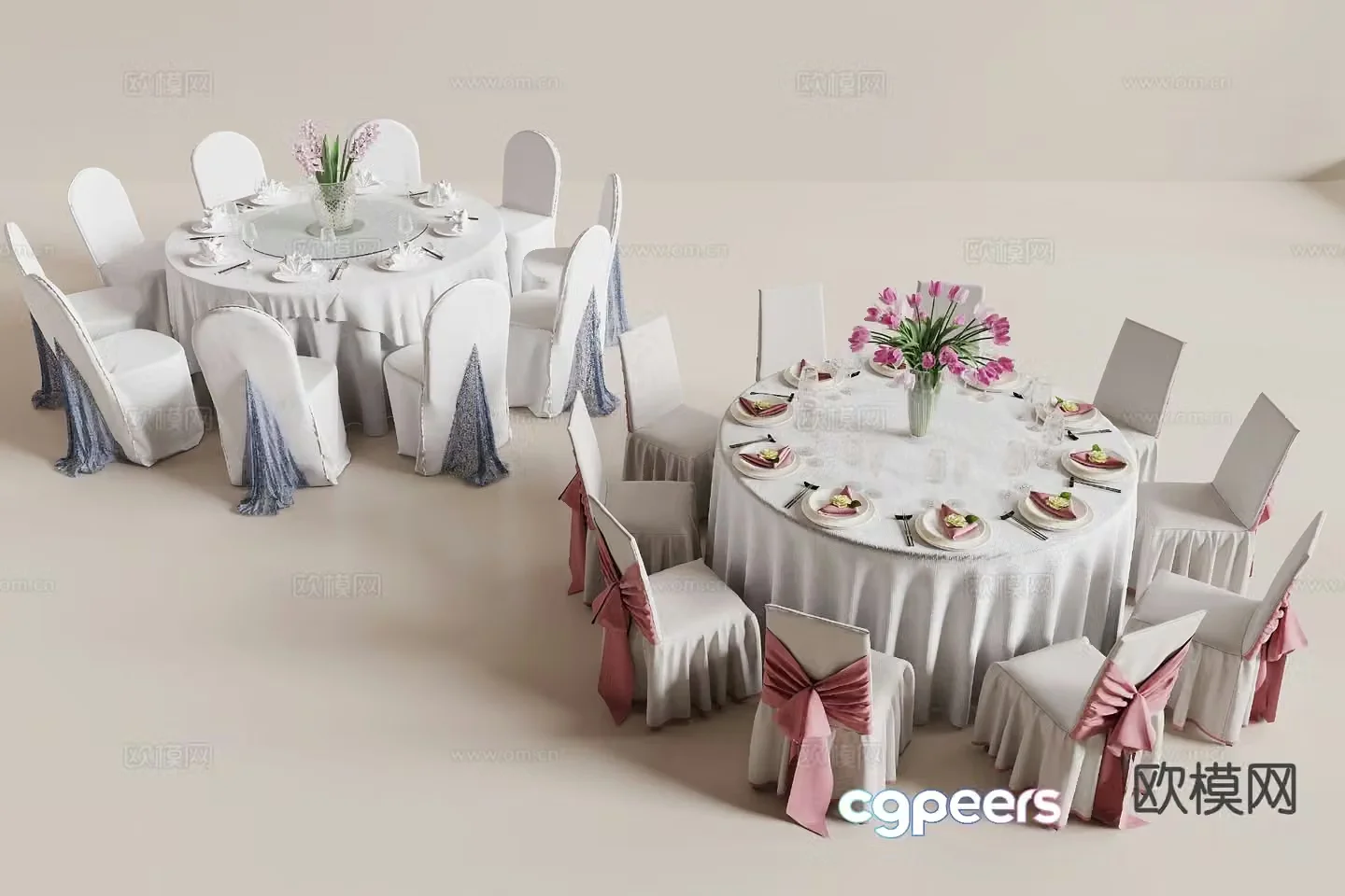 Modern banquet table round dining table and chairs 3d model