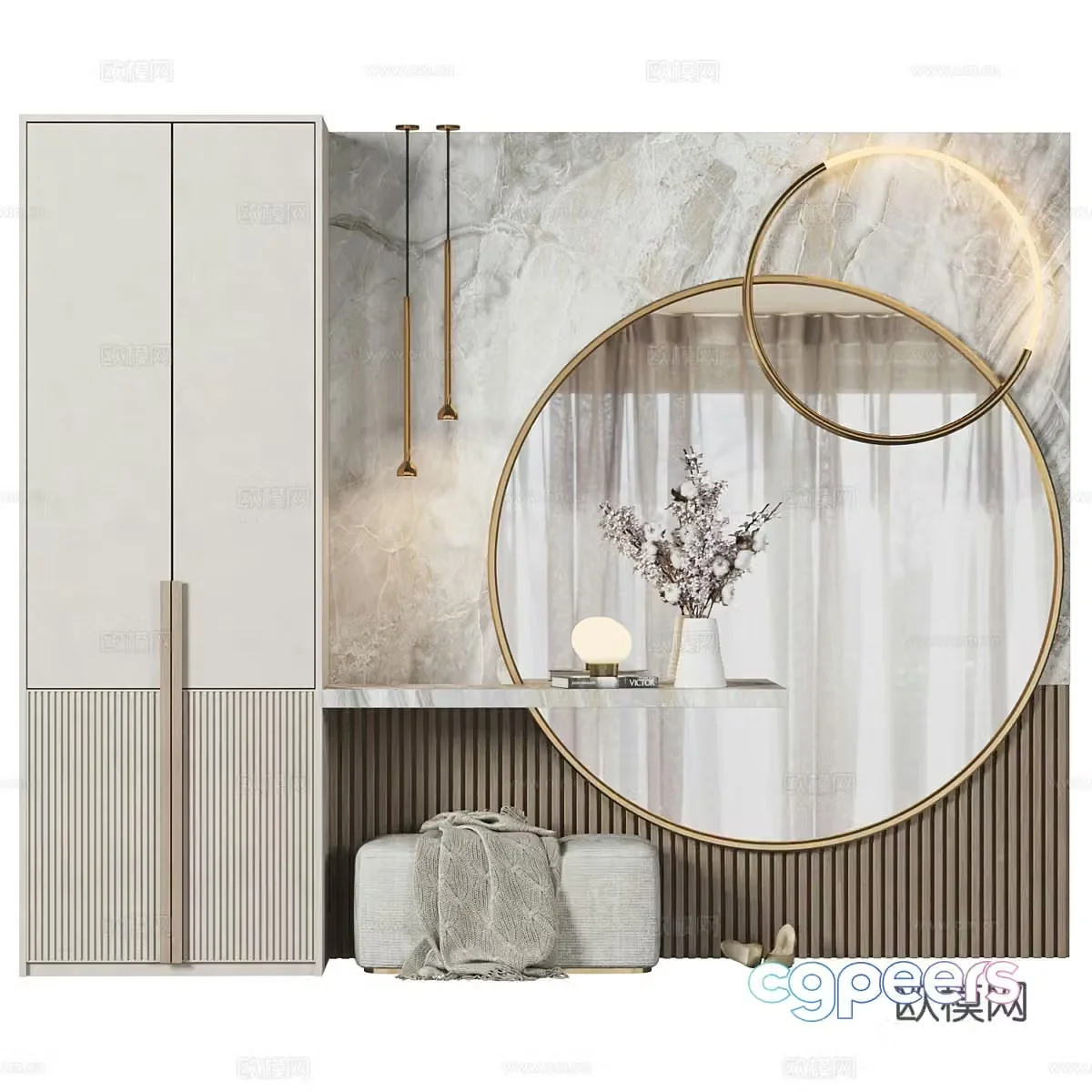 Integrated cabinet wardrobe shoe cabinet shoe changing stool dressing stool home mirror dressing mirror grille background 3D model