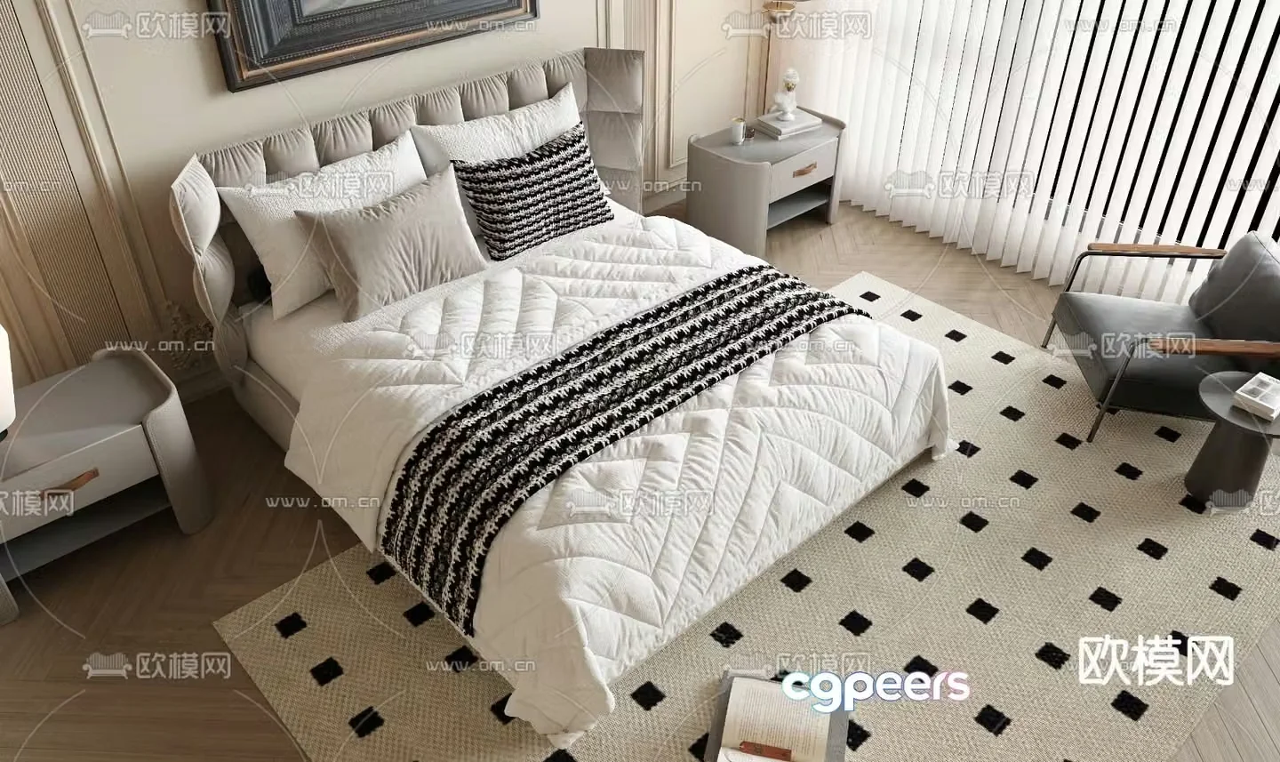 French double bed 3d model