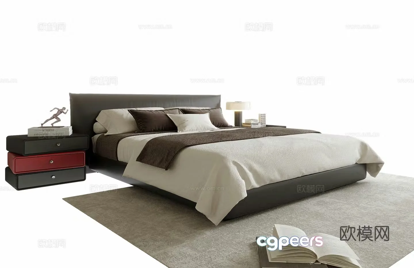 Modern double bed bedside table bedding 3d model