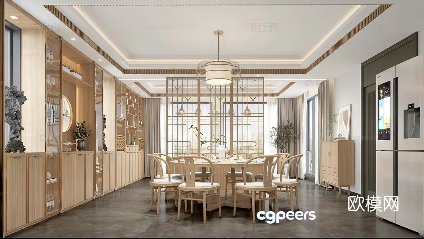 Middle style restaurant restaurant round table restaurant cabinet table chair combination 3D model