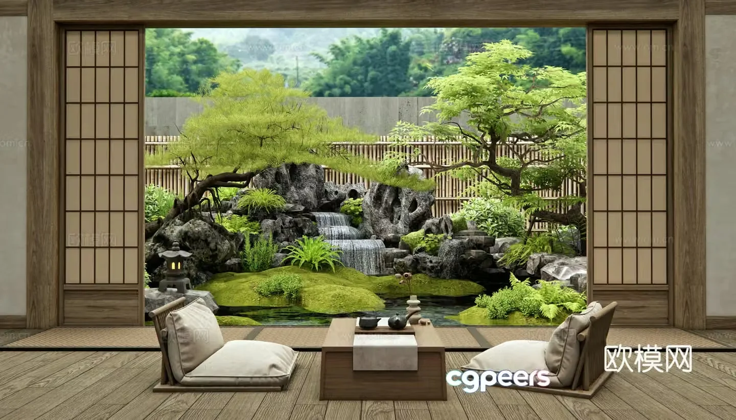 Japanese-style courtyard landscape rockery waterscape tea table and chairs waterscape landscape stone plant landscape pine tree 3d model