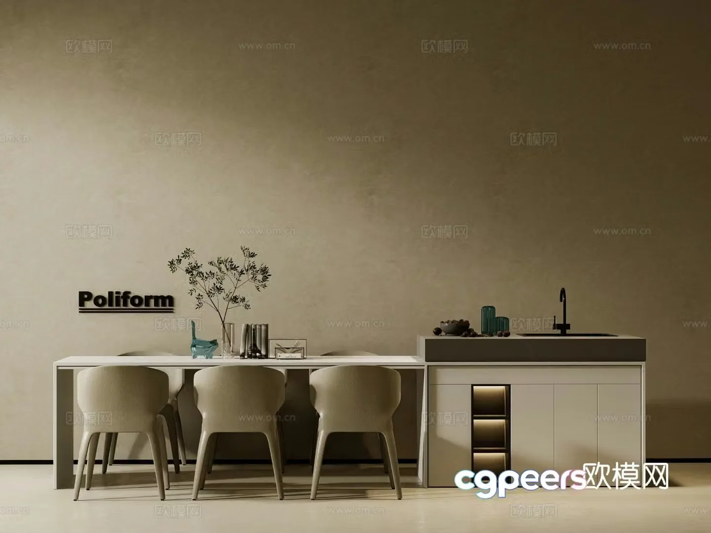Modern island dining table and chairs 3d model
