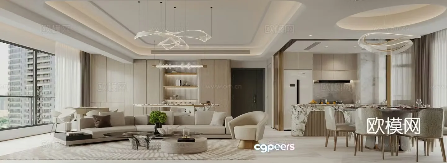 Modern light luxury living and dining room 3D model