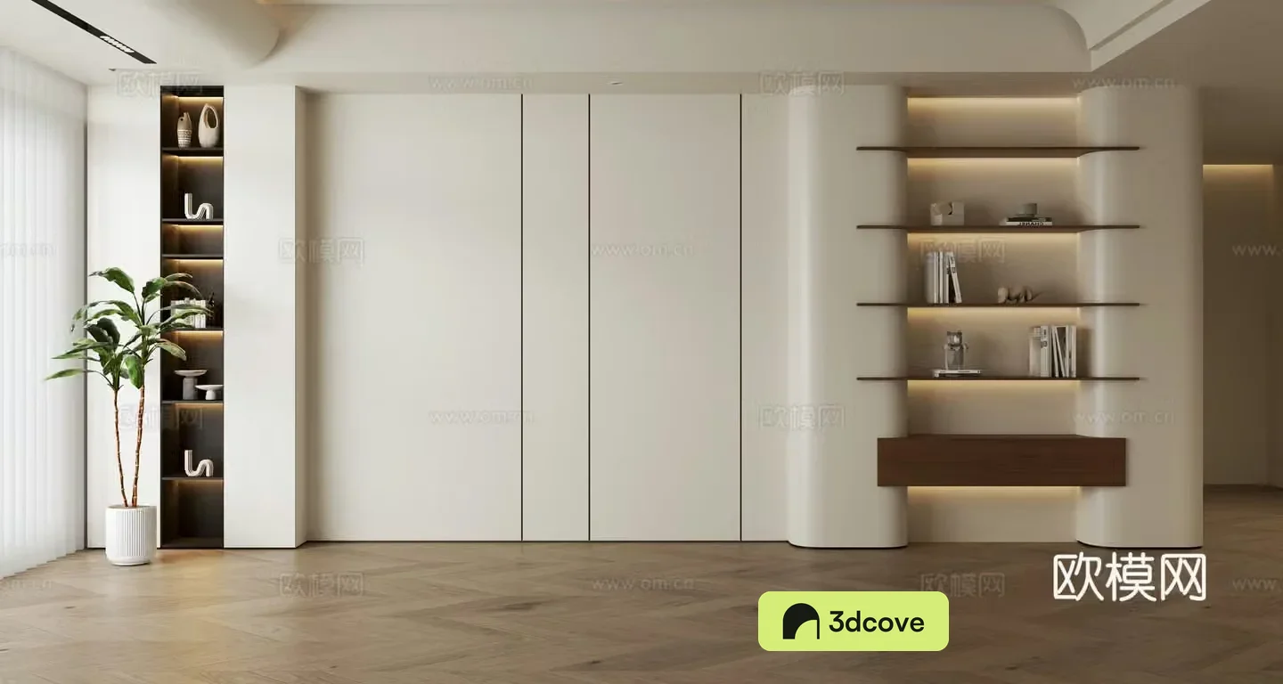 Creamy sofa background wall full wall cabinet