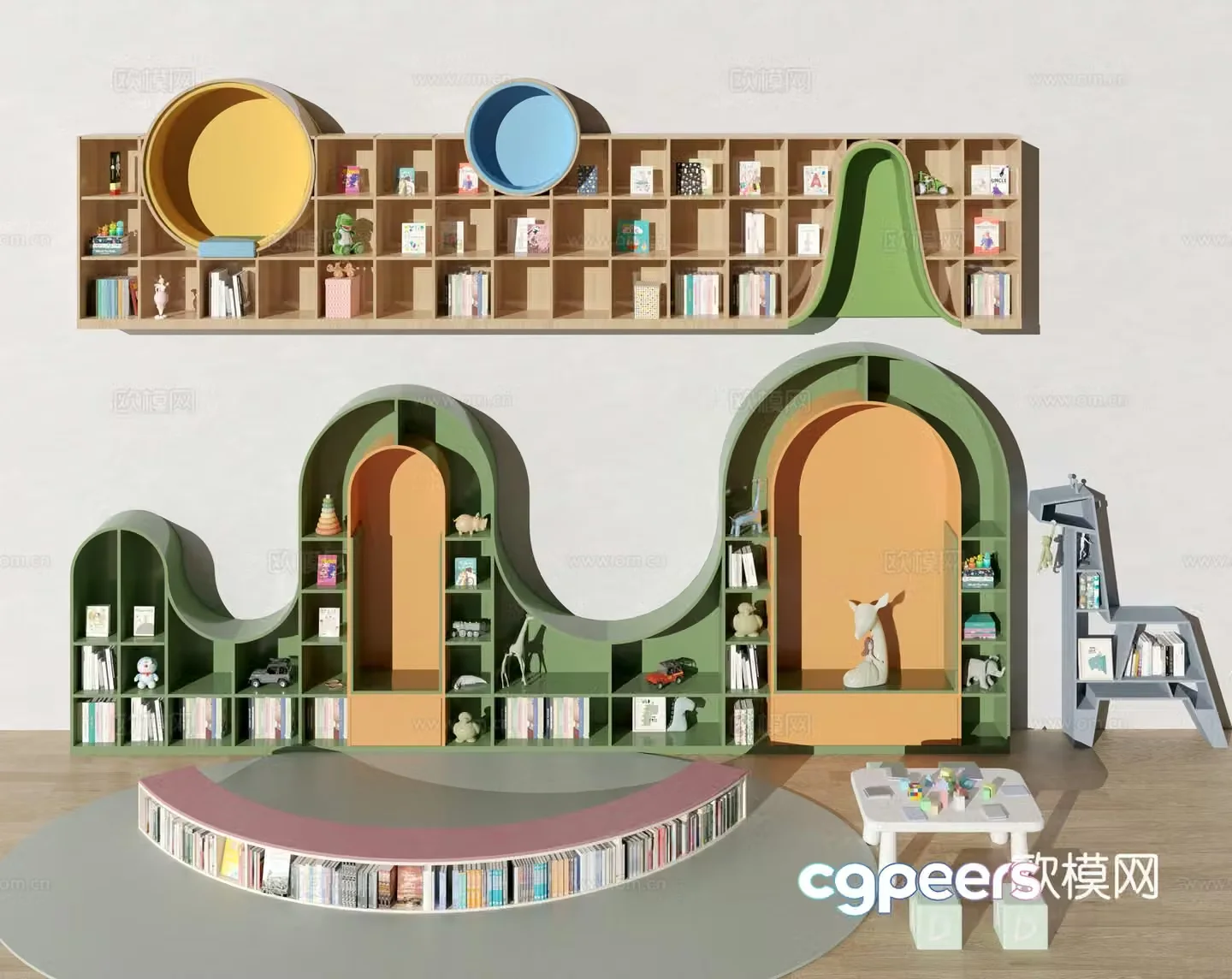 Modern kindergarten desk bookshelf kindergarten bookcase 3d model