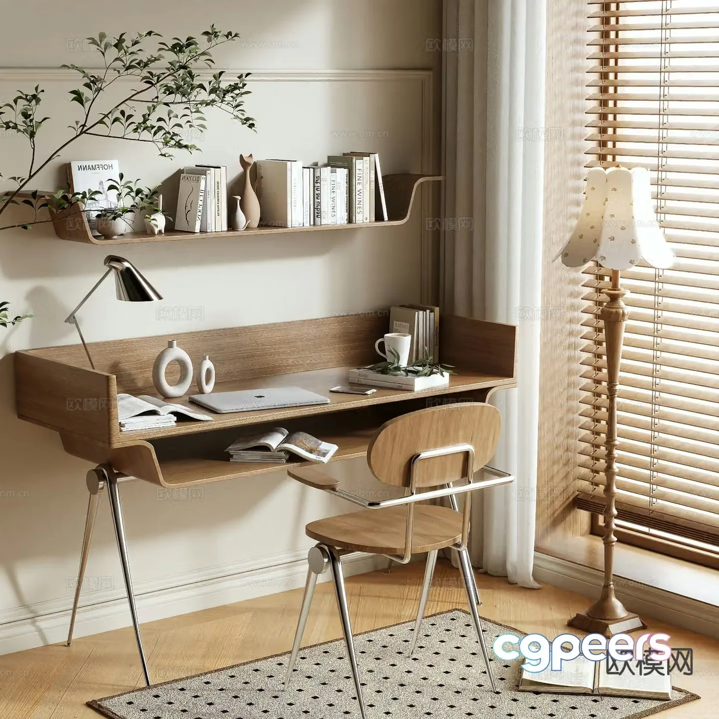 Log style desk and chair 3d model