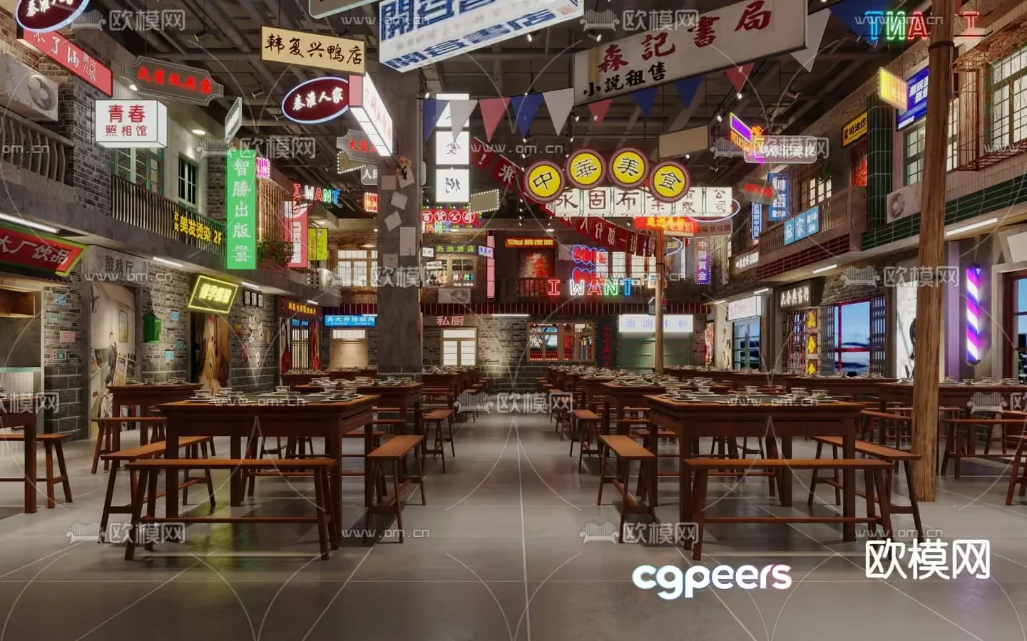 A Chinese Restaurant With Wooden Tables And Benches 3D Model – 3149 – VRAY Render