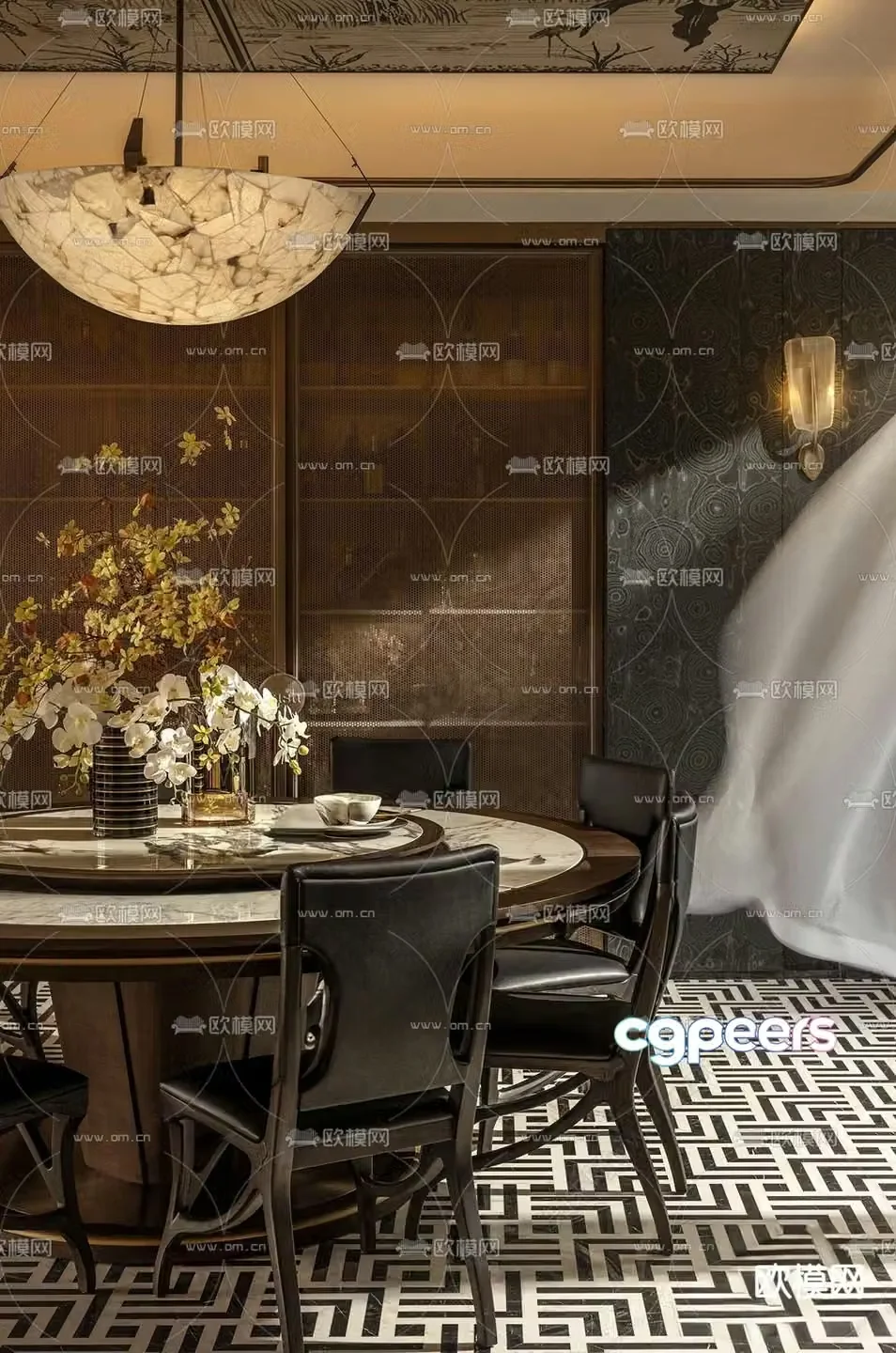 Round dining table and chairs 3d model