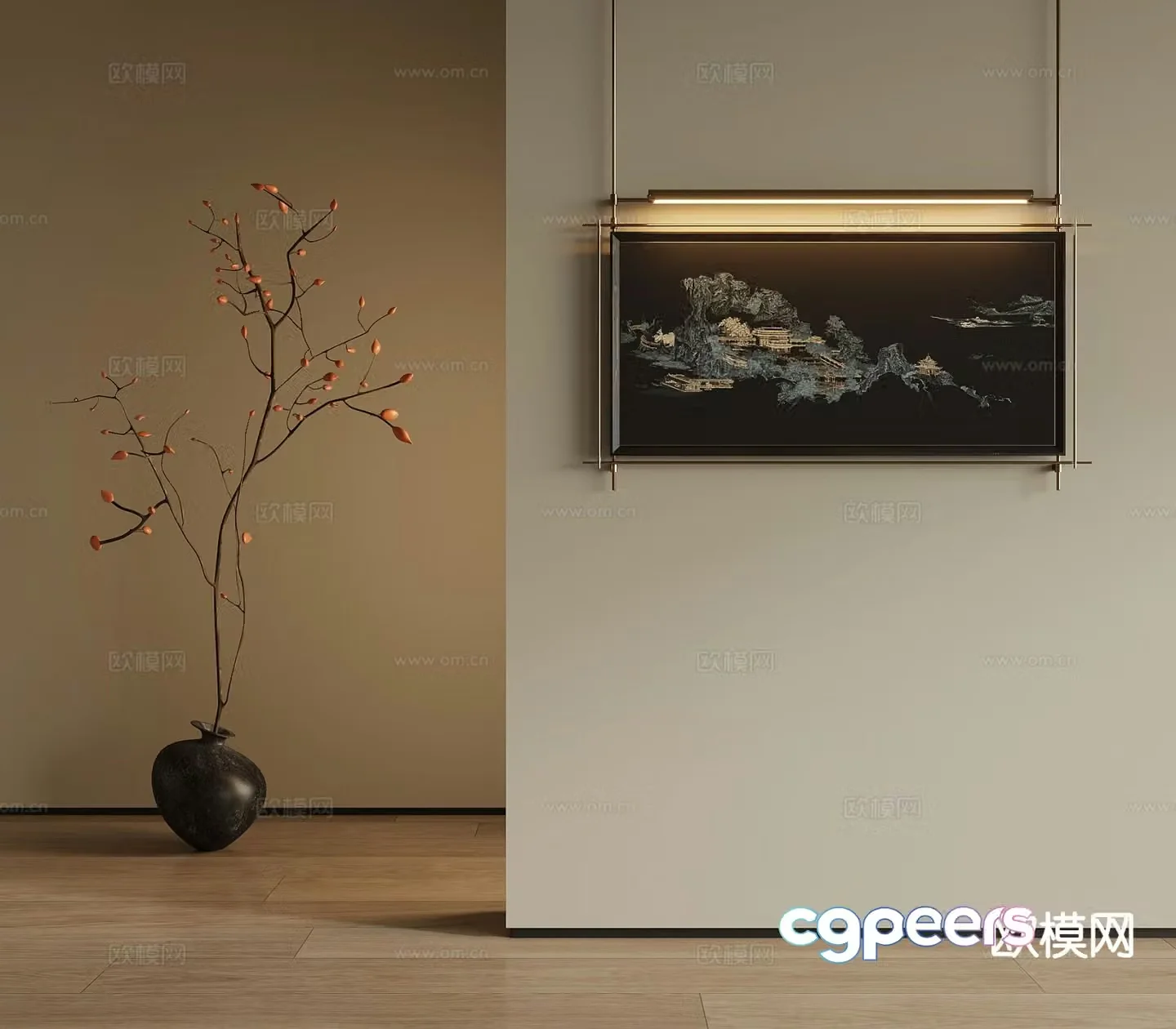 New Chinese style metal pole hanging painting decorative painting 3D model