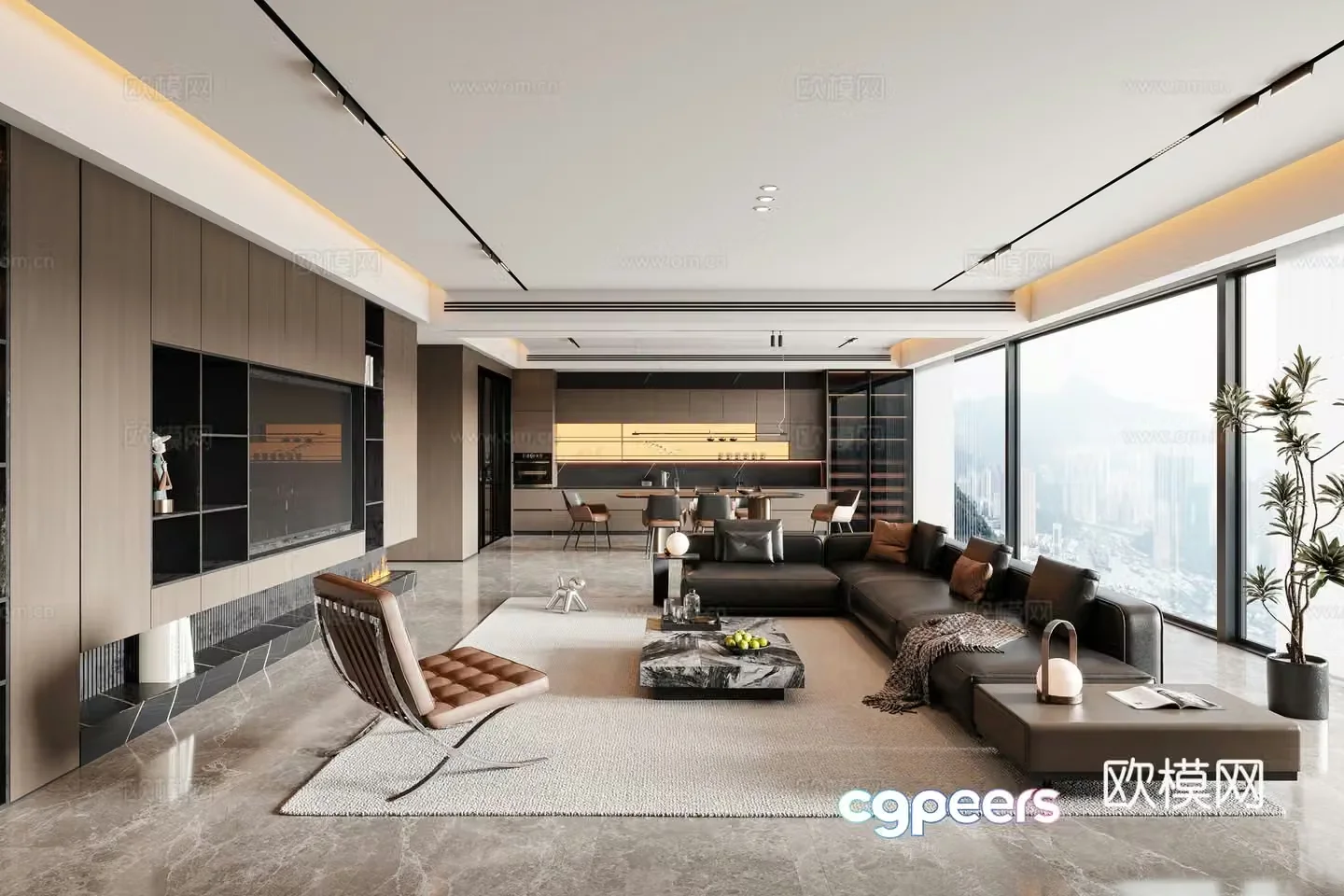 Modern Italian dining room sofa coffee table dining table chair chandeliers TV background wall wine cabinet 3d model