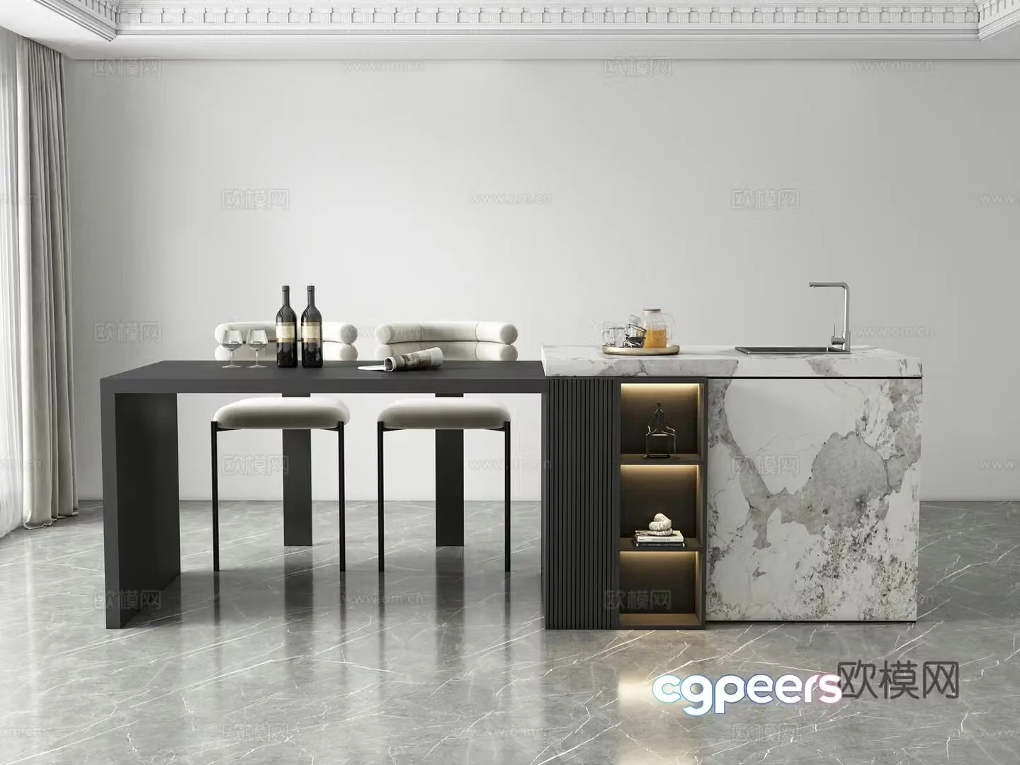 Modern island dining table and chair 3d model