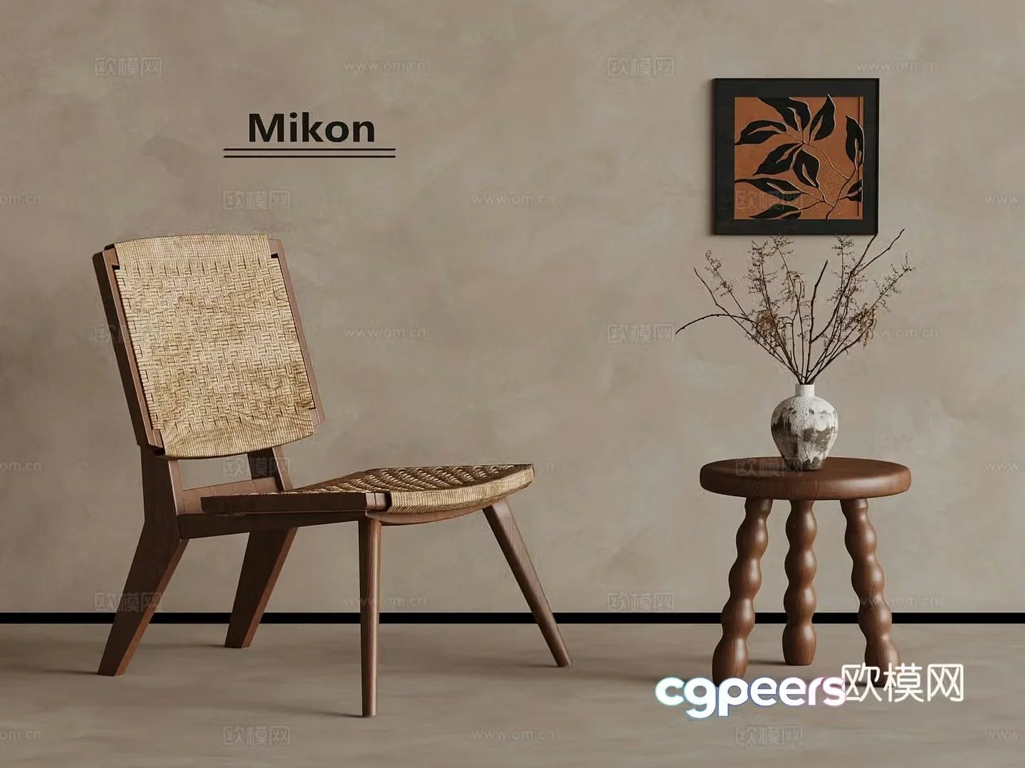 13 Middle-aged style rattan leisure chair side table 3D model of hanging painting