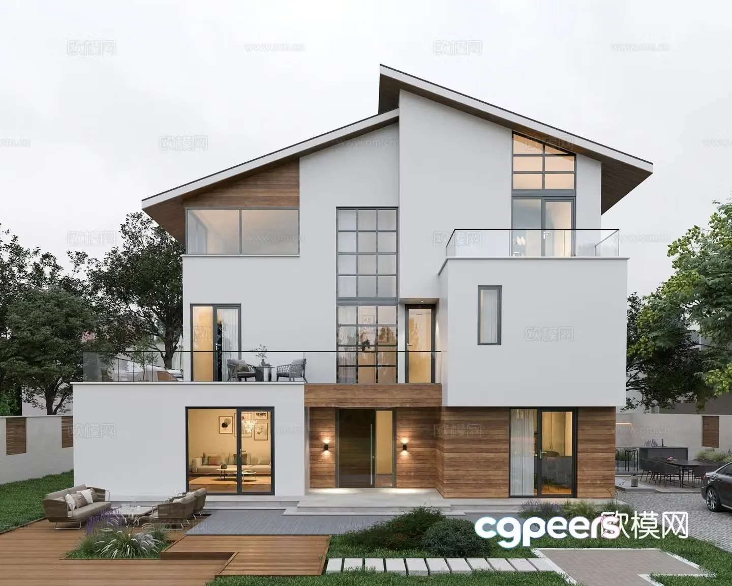 Modern villa building exterior Modern three-story slope-top villa Rural self-built house Courtyard 3D model
