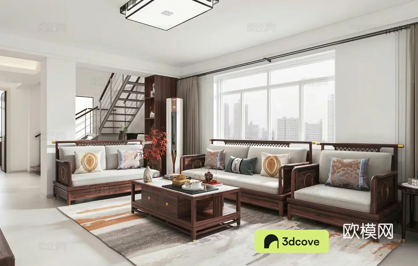 New Chinese style living and dining room open kitchen stairs wine cabinet
