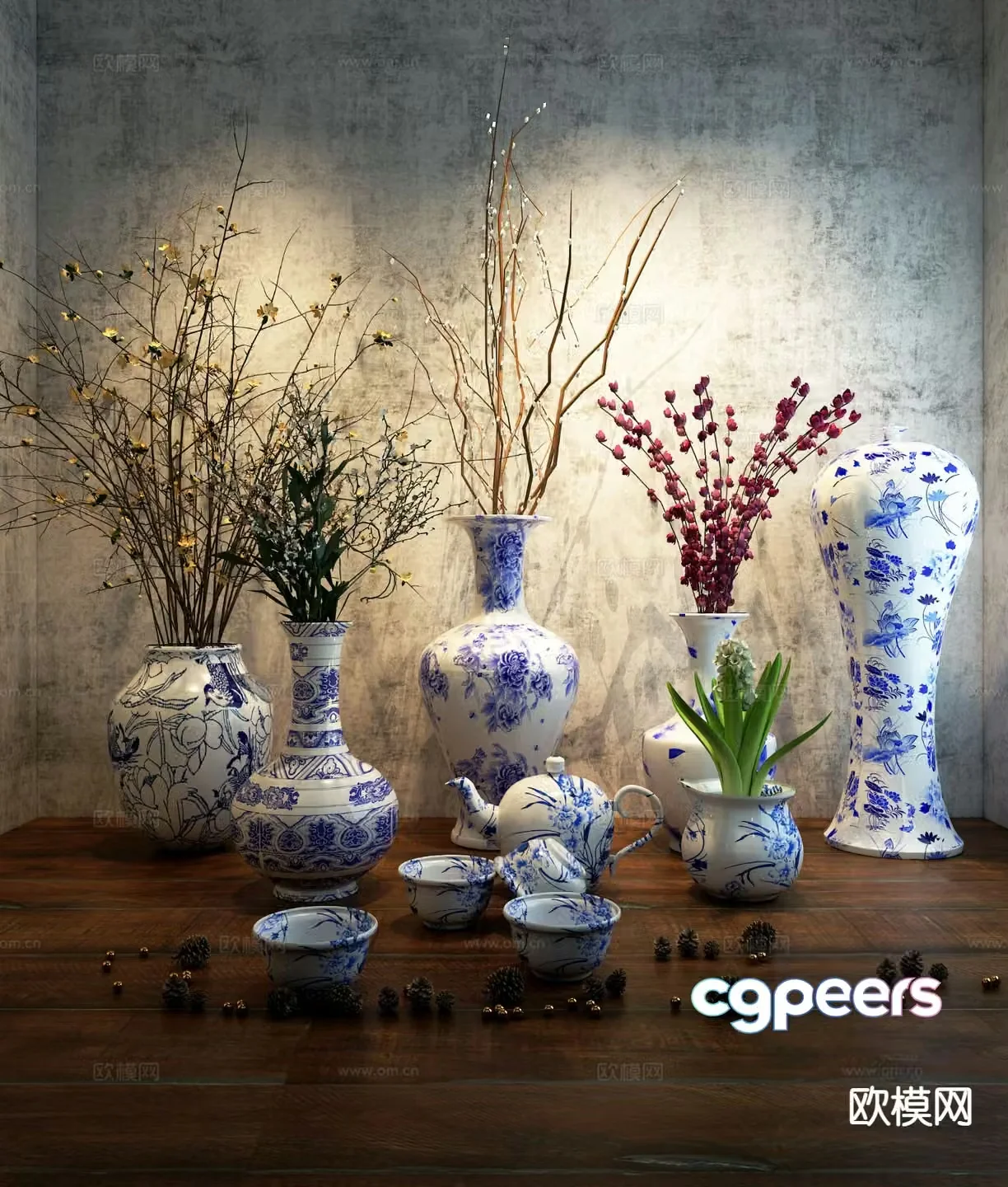 Chinese vase floral arrangement dried flowers flower arrangement 3d model
