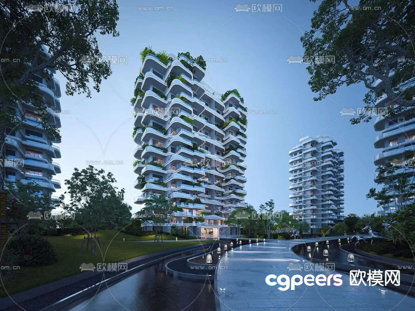 High-rise residential building residential night view 3d model