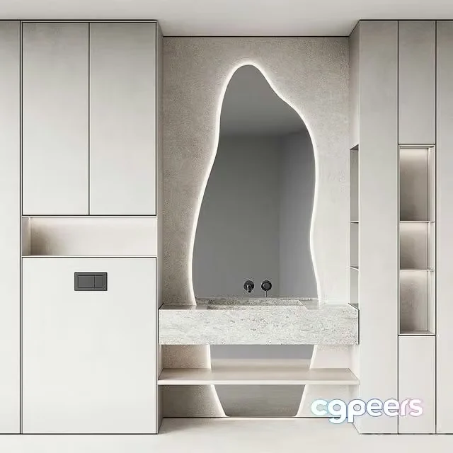 3ds Max Free – Bathroom furniture set 8. Monochrome grey. Curved mirror shape. Stone sink. Wall-mounted faucet