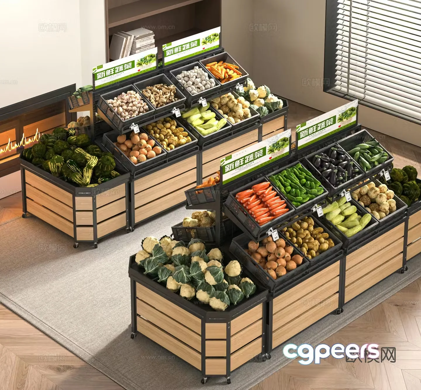 Modern fresh fruits and vegetables shelves 3D model