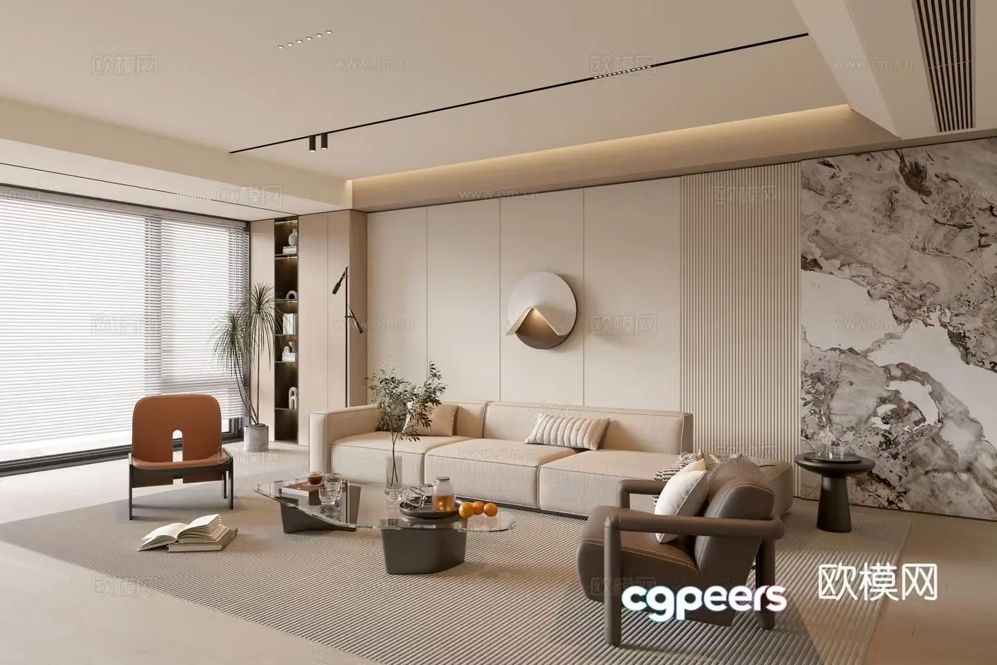 Modern cream simple living room balcony cabinet sofa combination coffee table sofa background wall 3d model