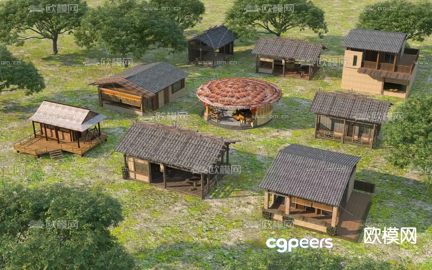 New Chinese style ancient building rural house thatched hut 3D model
