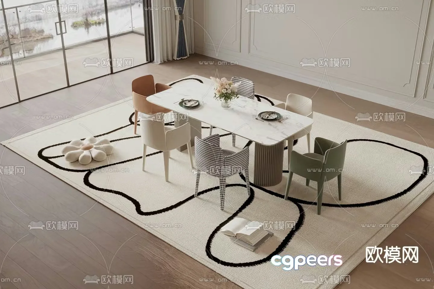 Cream style dining table and chairs slate dining table 3D model