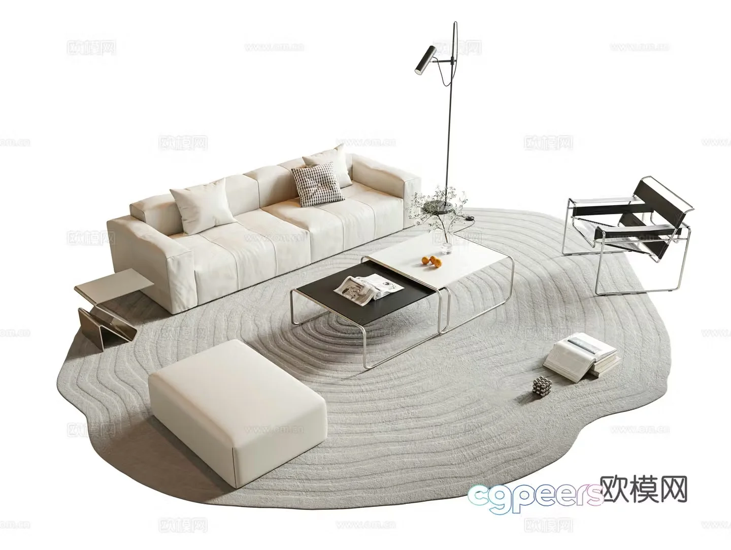 Italian minimalist sofa coffee table combination beige sofa multi-person sofa leather sofa combination sofa 3D model
