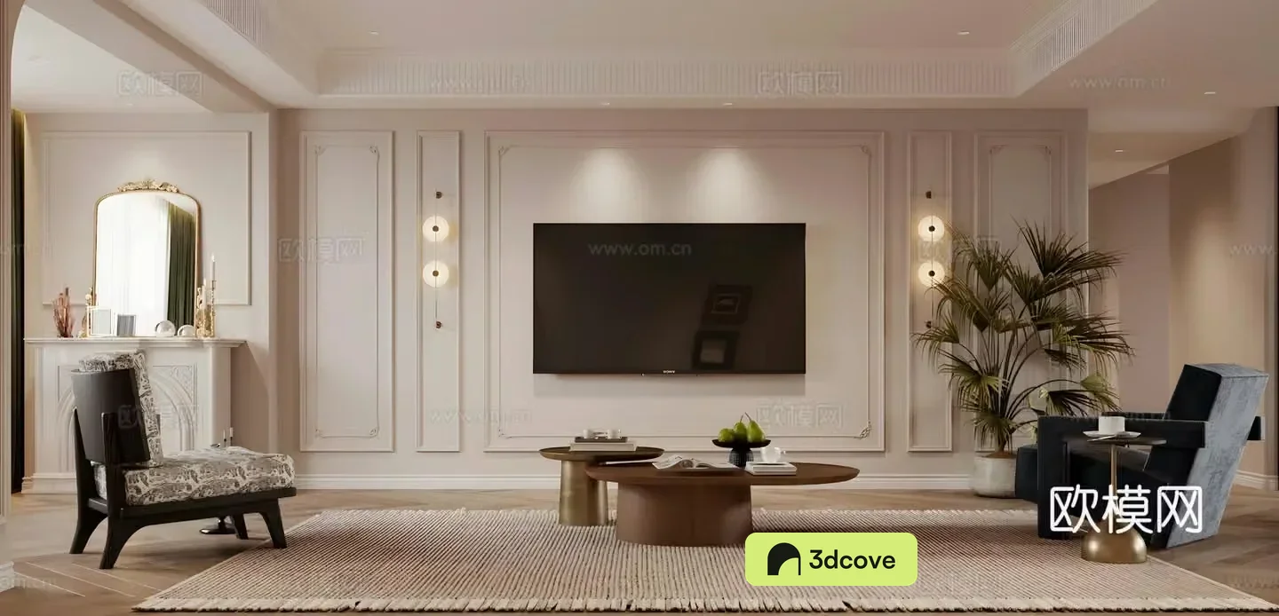 French home living room background wall gypsum cable TV background wall French retro style living room