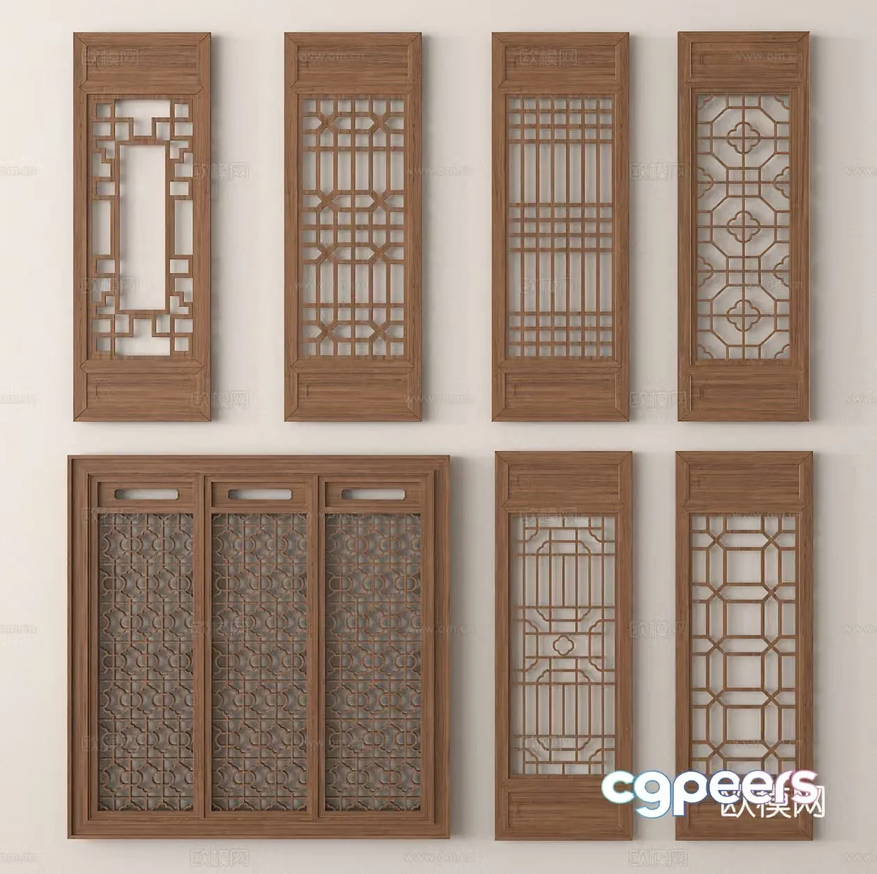 New Chinese style partition screen grid wooden partition 3d model