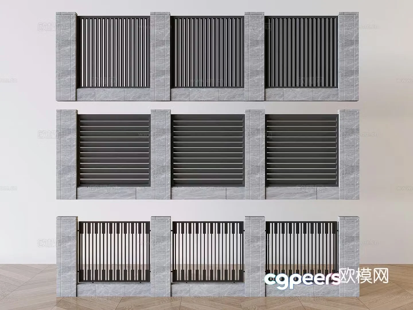 Wrought iron railing fence guardrail louvered stair guardrail 3d model