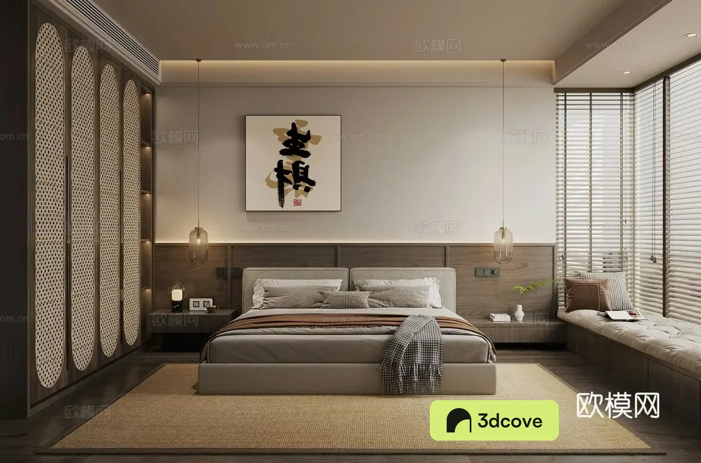 Middle style home bedroom Middle style elder room Second bedroom Middle style bedroom bed Middle style bedside table 3D model
