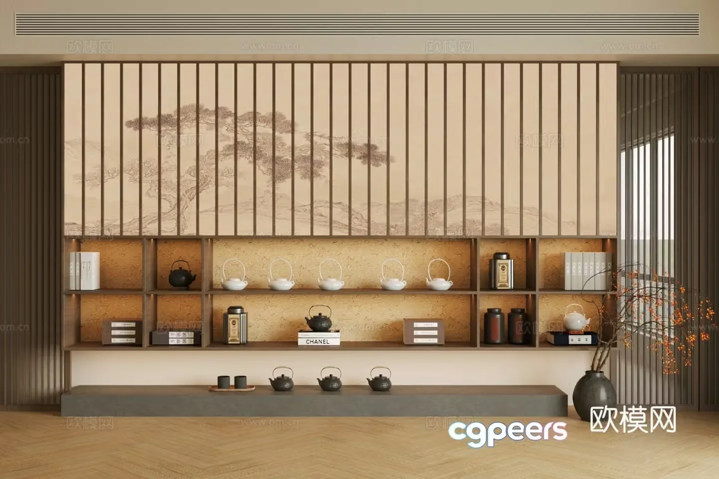 New Chinese style Zen tea cabinet Song style tea room cabinet Tea room background wall Whole row of tea cabinet Tea room cabinet 3D model