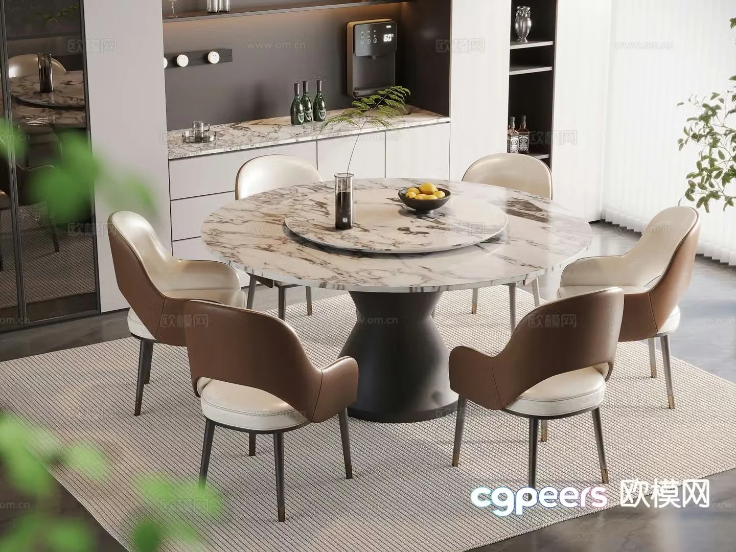 Simple dining table and chairs six-person round dining table 3D model