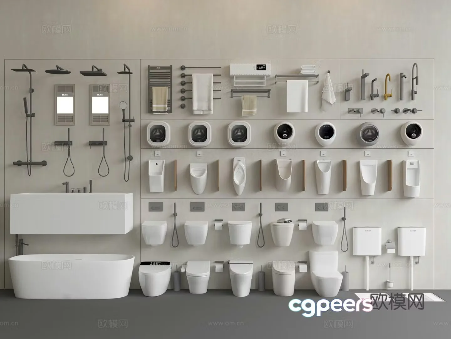 Sanitary ware combination bathtub toilet squat piss urinal shower dryer towel rack 3d model