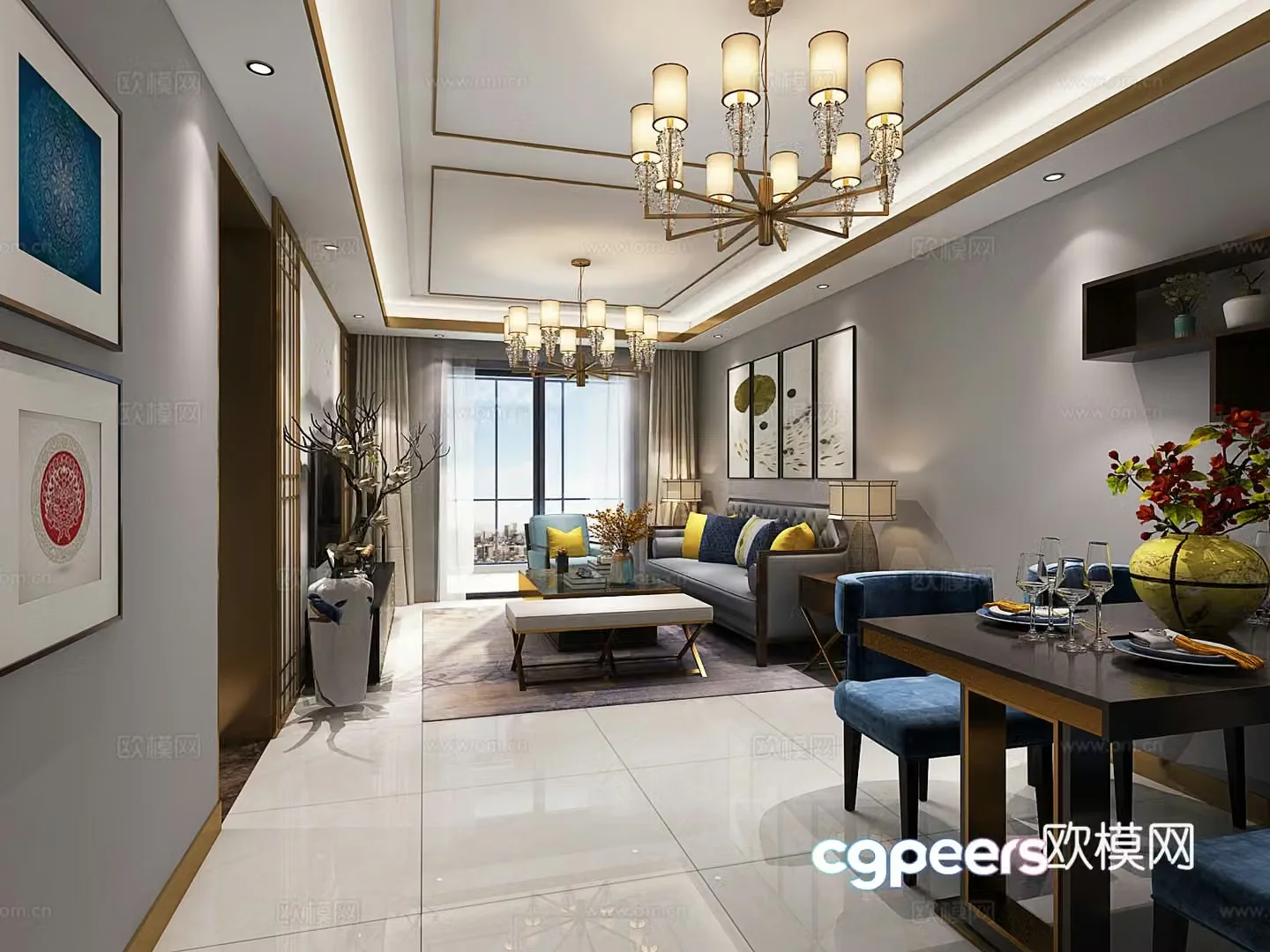 New Chinese style living and dining room New Chinese style dining table Sofa TV cabinet Chandelier 3D model