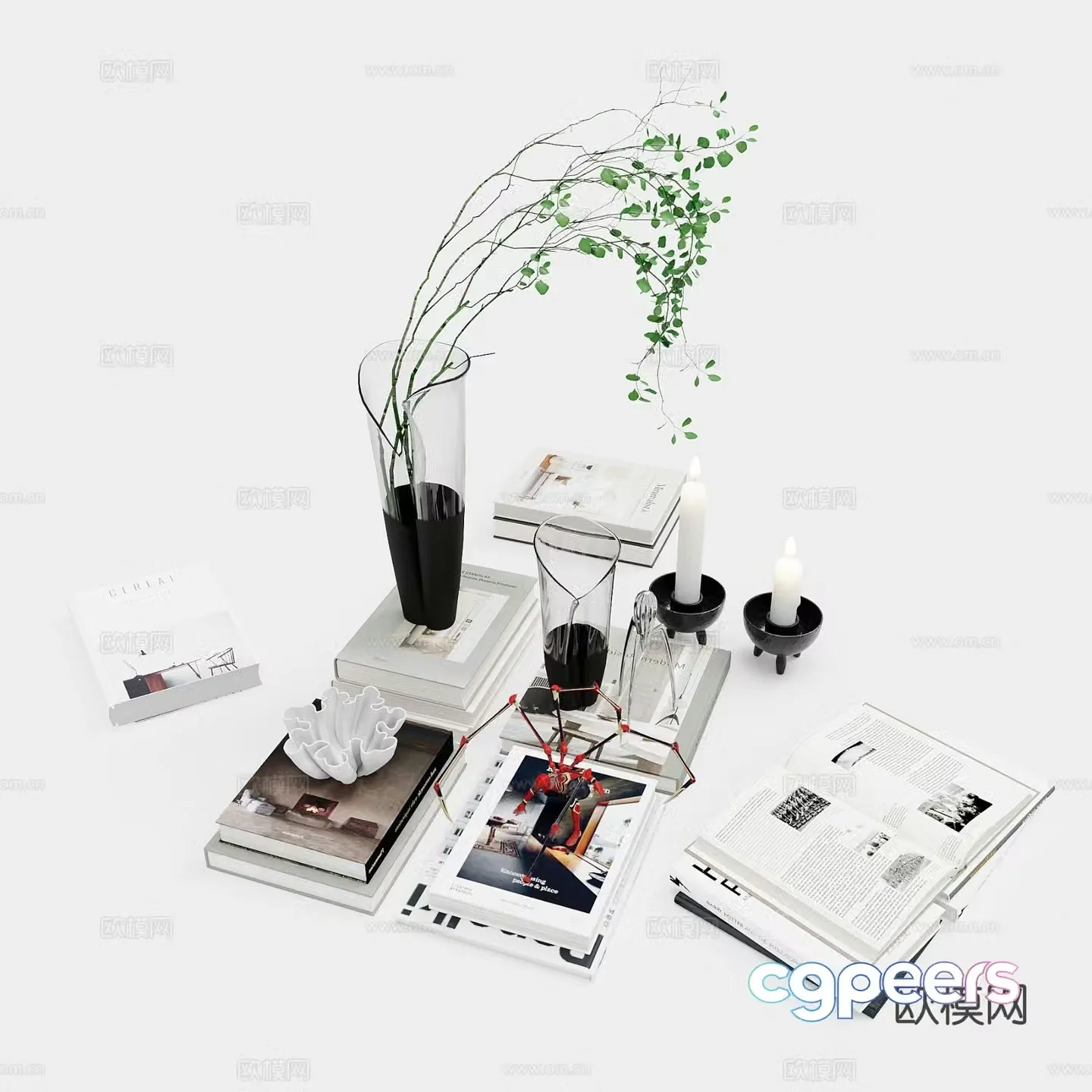 Modern decorations tableware books vases 3D model