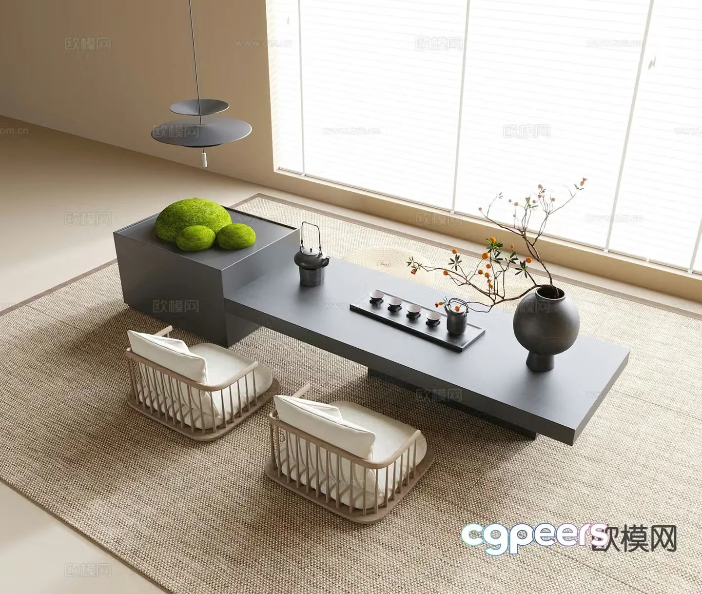 Modern tatami tea table and chairs 3d model