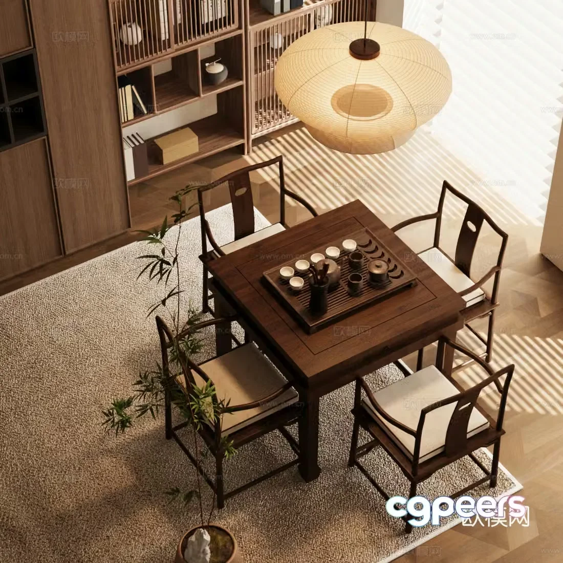 New Chinese style Zen tea table and chairs Solid wood tea table New Chinese style tea table and tea room tea table and chairs Tea tasting area 3D model