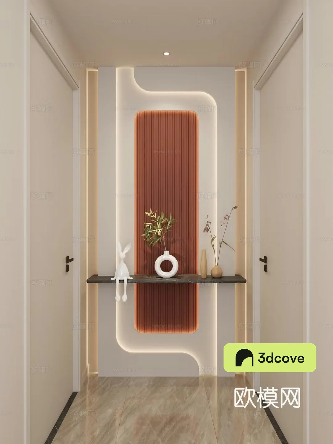 Simple creamy style curved shape Hermes orange marble corridor end view