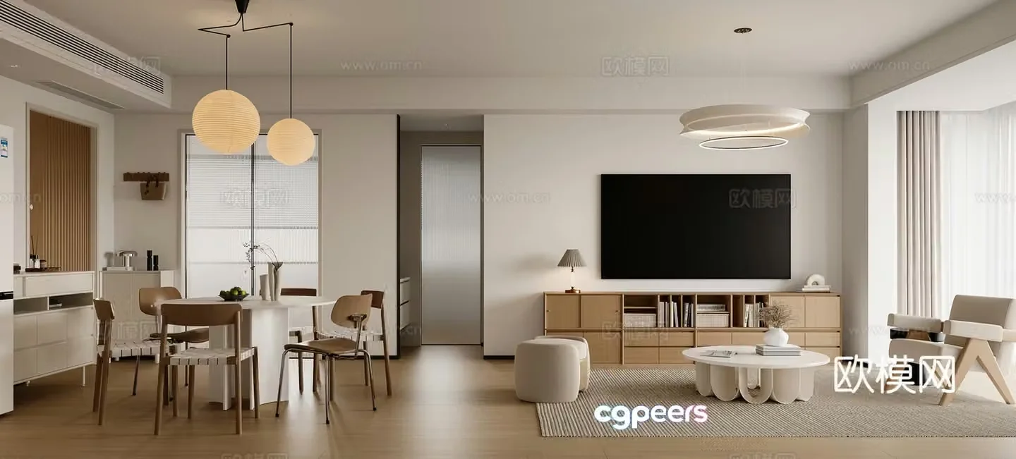 Modern log style dining room 3d model